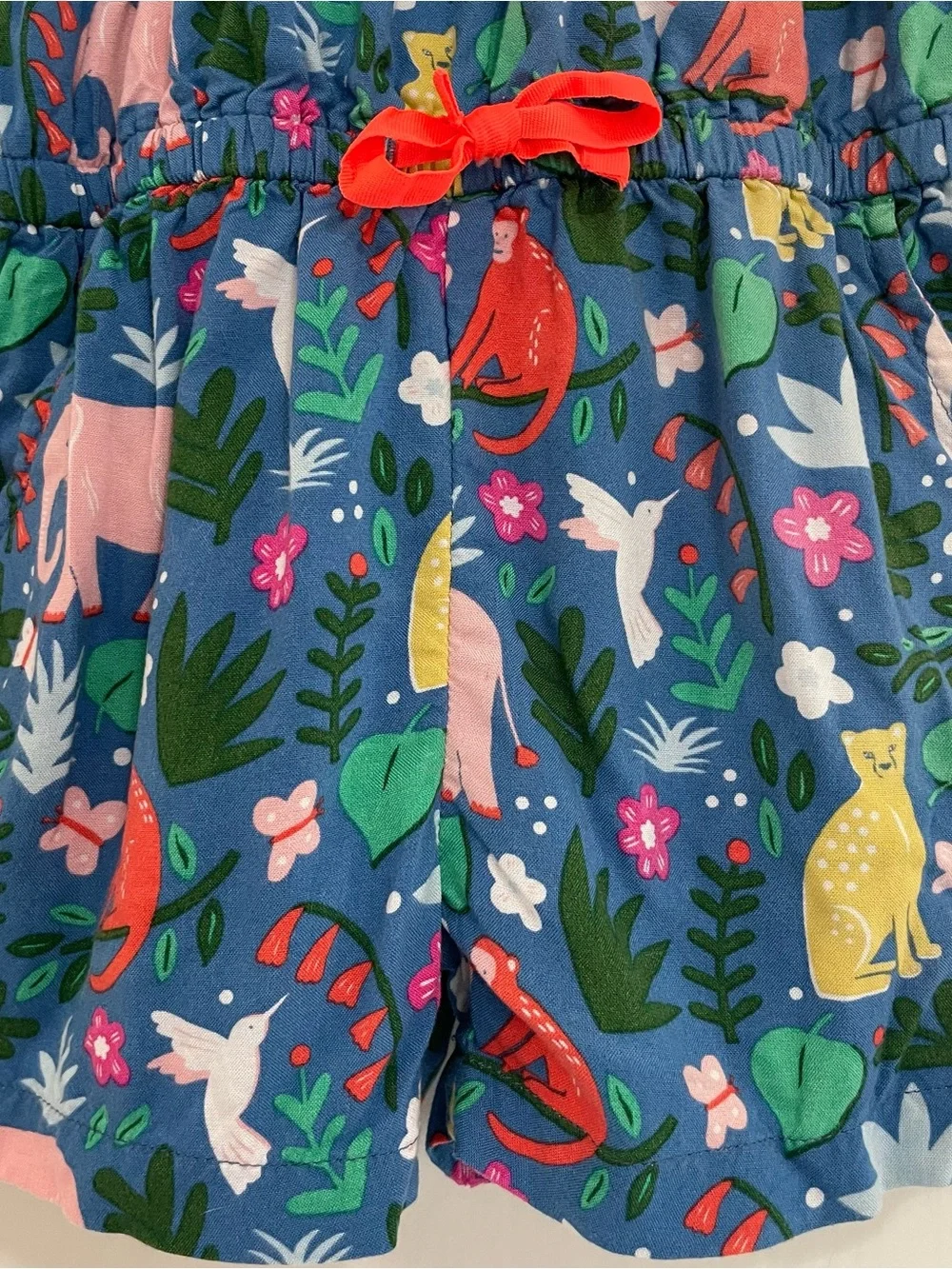 Boden Girls' Blue Jungle Animal Print Romper with Neon Drawstring 2-3 years